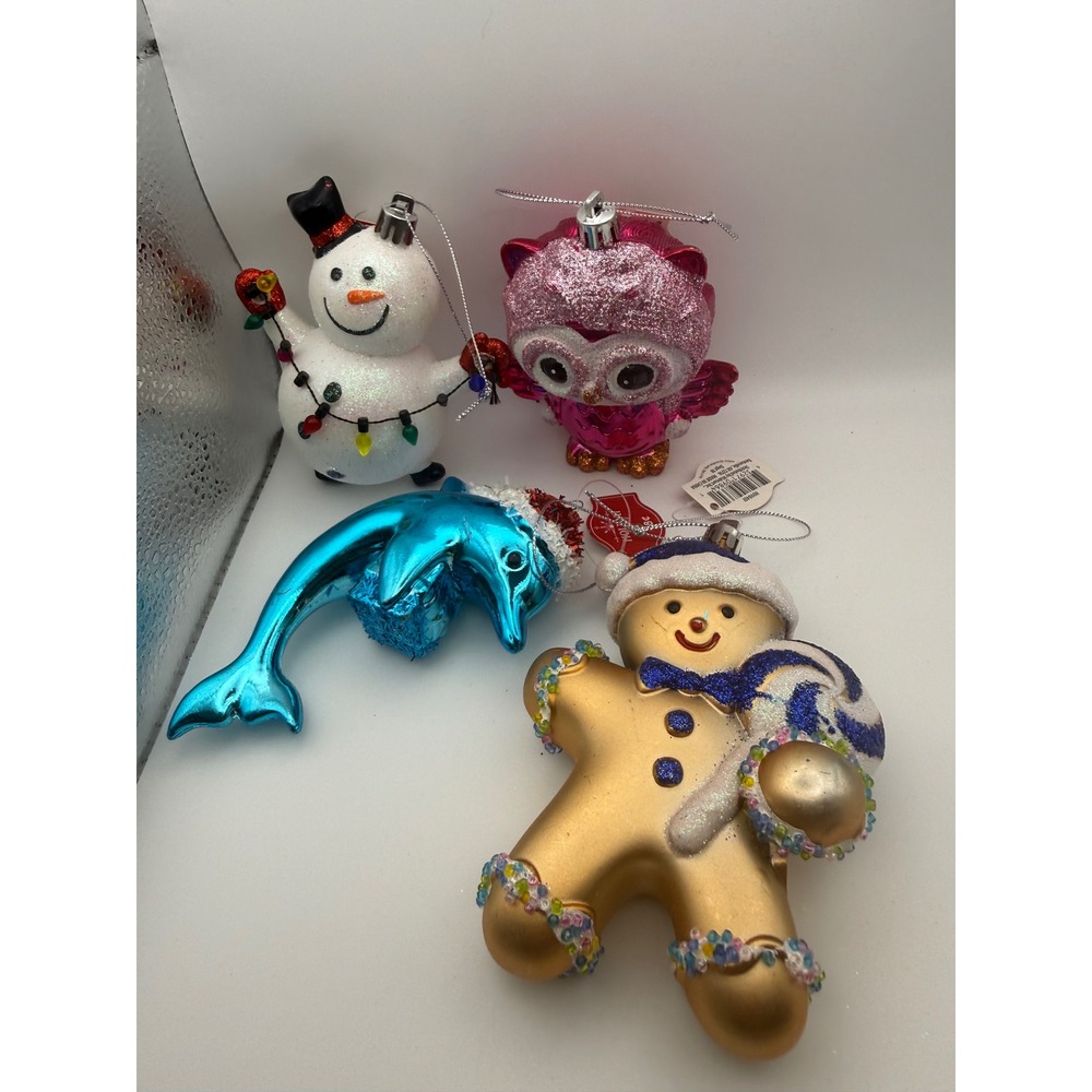 Holiday Time Christmas Ornaments Set Snowman Owl Dolphin Gingerbread Man 4pc